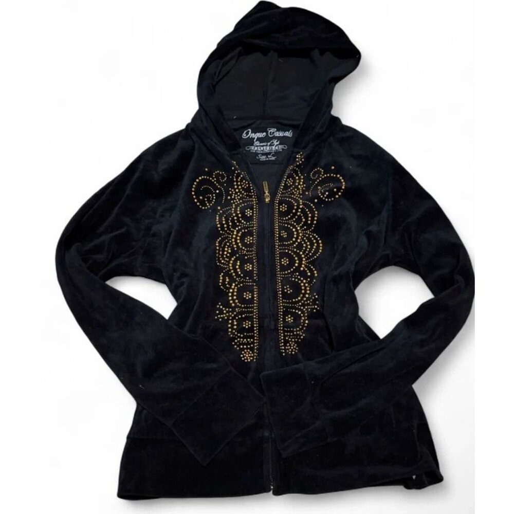 Y2K Onque Casuals Black Velour Rhinestone Zip Up Hoodie